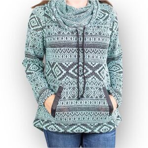 One World Cowl Neck Pattern Pullover Tunic Sweatshirt Turquoise, Women’s Medium